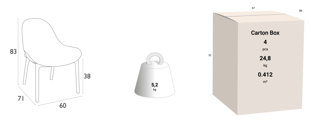 Sky Lounge tooli mõõdud. Kuvatud pildil sentimeetrites.