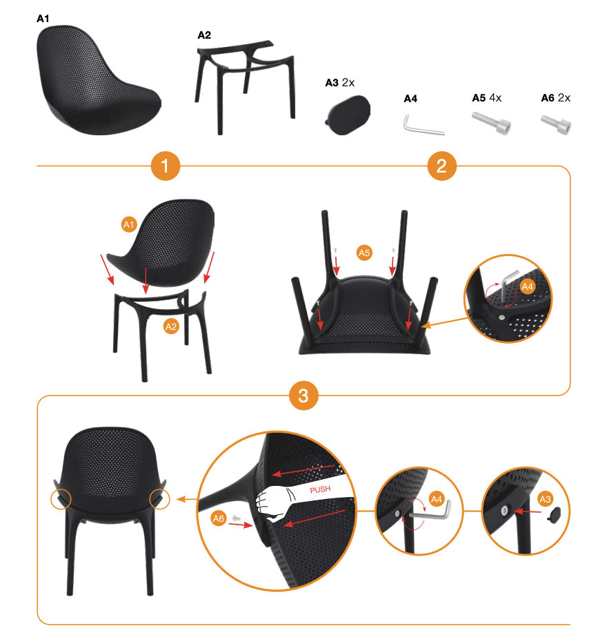 Sky Lounge tooli paigaldusjuhend ja komplekti kuuluvad osad.
